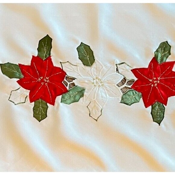 VTG Polysatin Christmas Table Runner Long Red Poinsettas Gold trim 13.5 x 88in - Picture 12 of 12